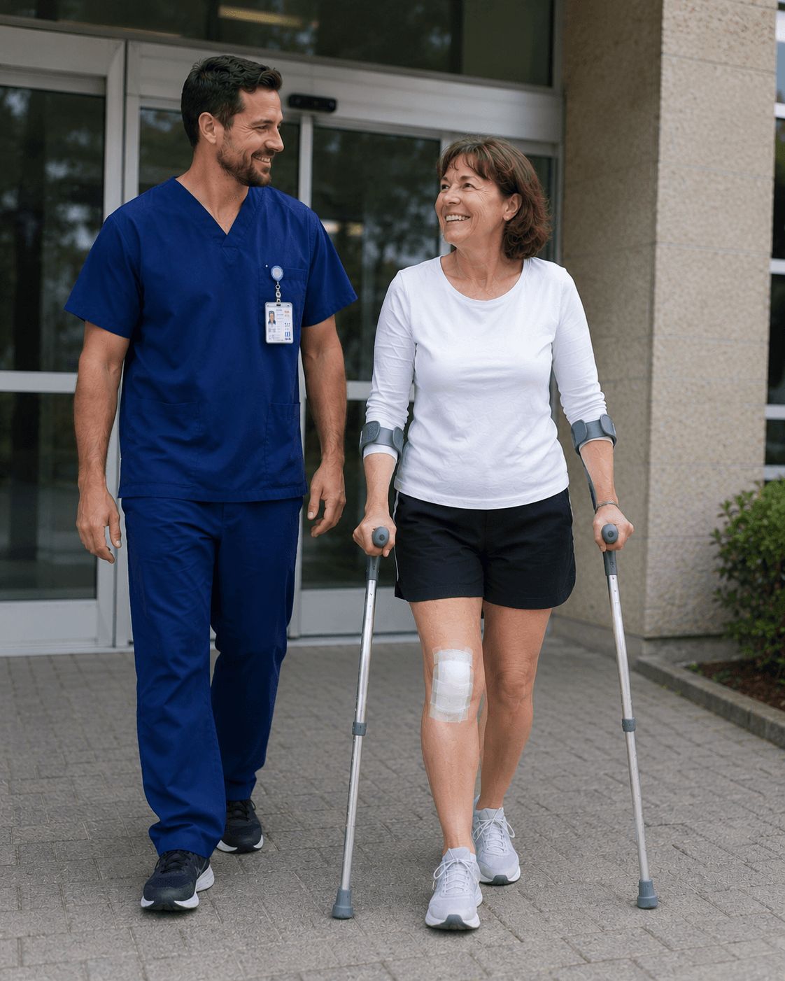 Happy patient walking out of hospital after knee replacement 3